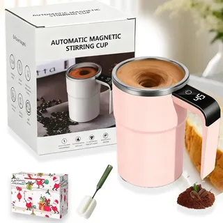 Electric Coffee Mug with a Built-in LCD Thermometer, Edelstahl Automatik Selbstrührender Becher, Elektrischer Protein-Shaker Tasse mit Deckel, für Kaffee, Milch und andere Getränke (Rosa)