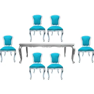 Casa Padrino Luxus Barock Esszimmer Set Türkis / Silber - 1 Esstisch mit Glasplatte und 6 Esszimmerstühle - Made in Italy - Luxury Collection