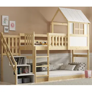 Interbeds Hochbett 90x200 cm mit Rutsche und Treppen Etagenbett Stockbett Holzbett Kinderbett mit Lattenrost Spielbett für Kinder Jugendbett aus Massivholz mit Sicherheitsgeländer (Mit Treppen)