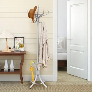 Costway - 184cm Garderobenständer Mit Schirmhalter, Jackenständer Mit 12 Kleiderhaken, Kleiderständer Aus Holz, Garderobe Standgarderobe Für Flur, Wohnzimmer Und Schlafzimmer (grau)