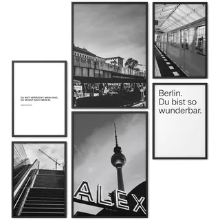 Papierschmiede® Mood Poster Set Berlin Schwarz-Weiß, Fertiges Bilder Set mit Rahmen (Holz, schwarz), Wohnzimmer Deko Schlafzimmer, 2x DIN A4 und 4x DIN A5, U-Bahn BVG Fernsehturm