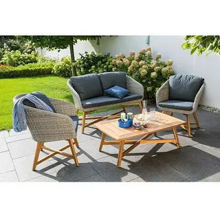 Sunfun Pauline Loungemöbel-Set  (4 -tlg., Akazie/Polyrattan, Aluminium, Bambusgrau/Naturbraun)