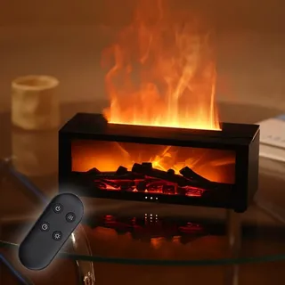 3D Flammen Aroma Diffuser mit LED Kamin, USB Leise Aroma Diffuser für Ätherische Öle mit 7-Farben-Licht, Luftbefeuchter mit Fernbedienung, 3 Timer, Wasserlose Abschaltautomatik (Schwarz)
