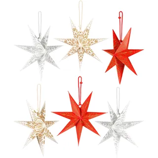 BRUBAKER 6 Papier Sterne Weihnachten - Weihnachtsstern Deko Set - 20 cm Faltsterne Rot Weiß - Großer Baumschmuck Papiersterne - Christbaumschmuck - Weihnachtsbaum und Fenster Dekoration