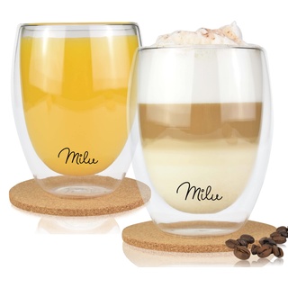 Milu Thermogläser Set – 4 vers. Größen - Doppelwandige Espresso Gläser - Kaffeegläser, Latte Macchiato, Cappuccino Glas - Isolierglas, spülmaschinenfest (2 Gläser, 350ml)