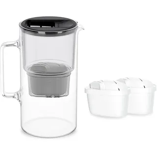 Wessper Wasserfilter Kanne Glas 3 L, Set Wasserkanne und 2 Filterkartuschen, Kompatibel mit Brita Maxtra, Wasserkaraffe für Trinkwasser mit Ersatz Filter- Schwarz