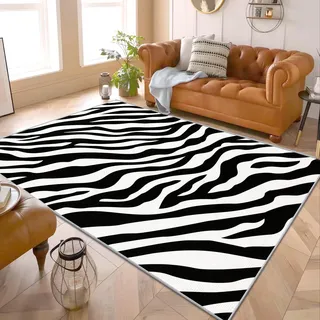 Zebra Muster Teppich - Teppich Wohnzimmer Schlafzimmer Schwarz Weiss Tiermuster, Großer Teppich Zebra Streifen, Weich Kurzflor & Waschbar & Rutschfest Wohnzimmerteppich, Kinderteppich, 140x200 cm