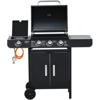 Outsunny Gasgrill 11000BTU/3.2 KW Grillwagen inkl 4Edelstahl-Brenner Thermometer Kochplatte Flaschenöffner Seitenablagen,BBQ Gartengrill für Balkon 110 x 50 x 100 cm