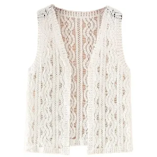 Ärmellose Weste Damen,Strickweste Damen Ärmellos,Häkelweste Für Damen, Retro, Weiß, Hohl, Ripple-Streifen, Ärmellos, Vorne Offen, Kurze Weste, Schal, Strickjacke, Strick-Boho-Hippie-Gilet-Blus