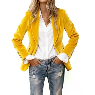 KUUFUUT Damen-Blazer Aus Samt Anzugjacke Lässig für Die Arbeit Büro Langärmelig Ungefütterte Blazerjacke mit Taschen Klassisch Formell mit Einem Knopf Arbeitskleidung Oberbekleidung Gelb M - M