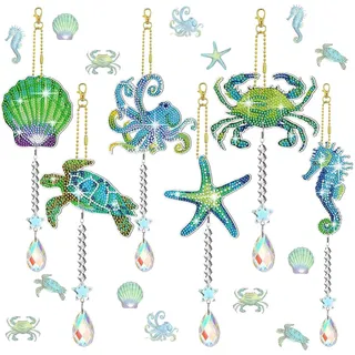 AUAUY 6 PCS Diamond Painting Kristall Sonnenfänger Windspiel Set, 5D Doppelseitige Diamond Painting Schlüsselanhänger Kristall Hängender Ornament für Erwachsene