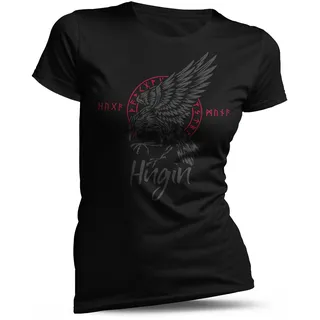 North Legendary - T-Shirt für Damen - Odin Rabe Hugin - Blutrot - Wikinger Mythologie, nordische Runen, Odin Zeichen, Walküre Symbol, Runen Weisheit, Yggdrasil Amulett, Rabe Hugin, Walhalla, Größe XL - XL