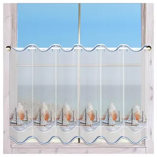 Bestickte Scheibengardine Segeln in den Sonnenuntergang aus Echter Plauener Spitze Maritime Badgardine 55 x 176 cm