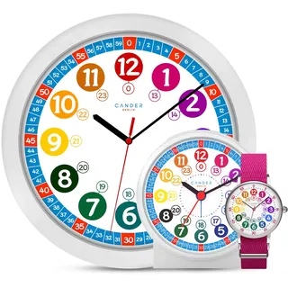 Cander Berlin MNU 1030 Kinderwanduhr lautlos MNU 1009 S Kinderwecker MNA 1030 M Armbanduhr rosa pink Lernuhr geräuschlos Wanduhr Kinderuhr Licht Snooze Wecker Kinder geräuscharm Mädchen Jungen