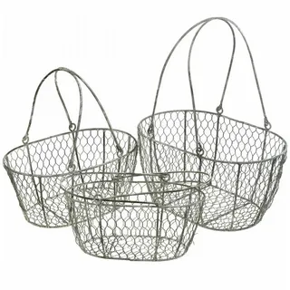 Florists Products Gartenfigur 3er-Set Drahtkorb Metall, Osterkorb Vintage, Dekokorb silberfarben