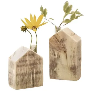 Dekoleidenschaft Tischvase "Häuschen" aus Holz geflammt, Vase mit Reagenzglas für einzelne Blumen (2 St., im Set), Blumenvase, Reagenzglasständer Haus, Vasenset, Glasvase, Vasenhalter beige