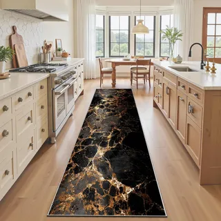 Marmor Optik Küchenläufer 50x150 cm, Marmoriert Schwarz Gold Küchenteppich Waschbar Rutschfest, Aesthetic Luxus Retro Teppich Läufer Flur, Kurzflor Teppich, fur Flur Bettumrandung Vorzimmer Eingang