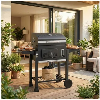 TLGREEN Holzkohlegrill XXL Grillwagen mit Deckel, Doppelflügel Kohlegrill mit Thermometer & 2 Rädern, 4 Lüftungsschlitzen Smoker BBQ Grill, für Garten Camping Terrasse schwarz