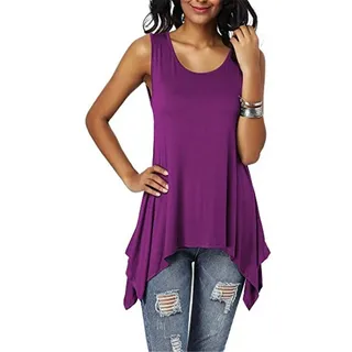 Dreamskull Damen Frauen T Shirts Oberteile Blusen Tops Tunika Tuniken Longshirt Lang Basic Rückenfrei Ärmellos Asymetrisch Baumwolle Sommer Alltag Casual Locker Lässig Stretch S-3XL - M