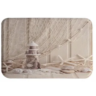 A.Monamour Badematten Badteppiche Badvorleger Beige Angeln Netz Starfish Holz Leuchtturm Nautisch Themen Bild Flanell Anti-Rutsch Bad Teppiche Boden Matten Fußmatten Für Küche Schlafzimmer