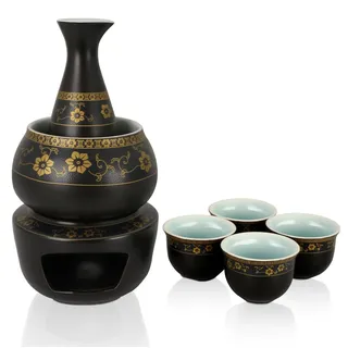 PUNNIO Janpanese Sake-Set mit Wamer, Keramik, 7-teiliges Sake-Set mit 1 Sake-Karaffe, 4 Sake-Bechern, 1 Sake-Wärme, 1 Kerzenofen (schwarz)