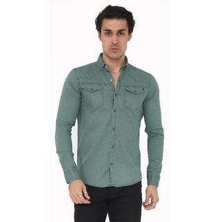 Premium Herren Hemd Basic Freizeithemd dickes Hemd Unifarben Langarm Slim-Fit 100% Baumwolle 4XL Olivengrün