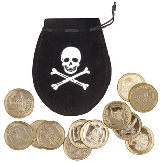 Boland 74300 - Piraten-Beutel mit 12 Goldmünzen, Größe ca. 10 cm, Schwarz, mit Kordelzug, Pirat, Mittelalter, Edelmann, Karneval, Halloween, Mottoparty