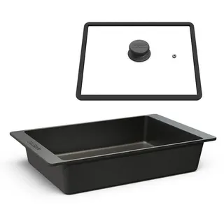 Hoffmann Germany Bräter CALLEkocht Auflaufform Aluguss 41x26 cm mit Deckel – Made in Germany, Aluguss (Set, 2-tlg., 1x Bräter 41x26 cm + 1x Glasdeckel), CALLEkocht, Antihaft, backofenfest bis 250°C, eckig, Induktion schwarz