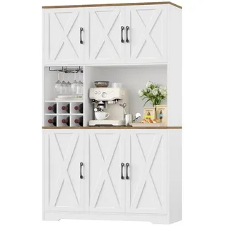 HOMECHO Küchenbuffet Küchenschrank mit Arbeitsplatte Buffetschrank mit 6 Türen Flaschenhalter und Glashalter 180x106x37cm weiß