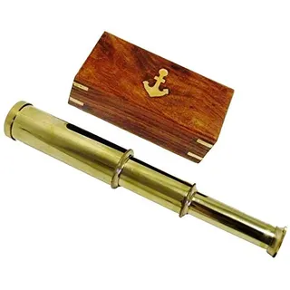 22,9 cm Handmessing-Teleskop nautisches Spionglas mit Anker-Design Holzkiste - Vintage Piratenteleskop Nachbildung Maritim Dekor Sammlerstück Geschenk für Home Office Schreibtisch