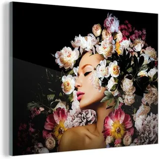 Famanu Glasbild Elegantes Porträt mit Blumen - 80x60 cm - Multicolor