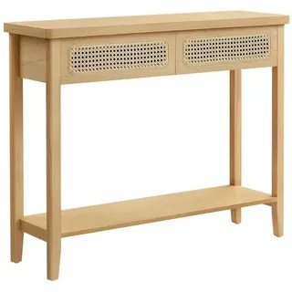 VASAGLE Konsolentisch Flurtisch, schmaler Sofatisch fürs Wohnzimmer, mit 2 Schubladen, offene Ablage, abgerundete Ecken, Boho-Stil beige