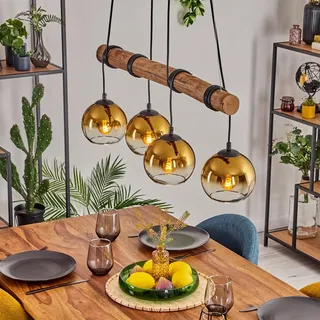 HOFSTEIN Pendelleuchte Koyoto, 4-flammige Hängelampe aus Metall/Holz/Glas in Schwarz/Natur/Gold/Klar, Hängeleuchte mit Glasschirmen und Holzbalken, Höhe max. 150cm, E27, Esszimmer, Wohnzimmer, Küche
