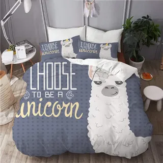 ELIENONO Bettwäsche-Set,Mikrofaser,süßes Cartoon Lama Alpaka Einhornhorn,1 Bettbezug 135 x 200cm + 2 Kopfkissenbezug 80 x 80cm