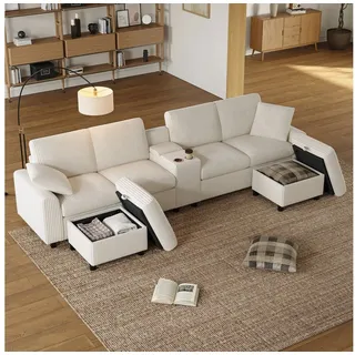 Odikalo Big-Sofa Wohnlandschaft U-Form mit Hockern & Couchtisch, Stauraum Lade-Funktion beige