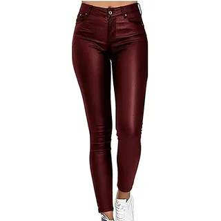 XUEBIN Damen Wetlook Kunstleder-Hose Leder-Look Glanz Low-Waist Skinny Lederhose(Red Wine,XXL)