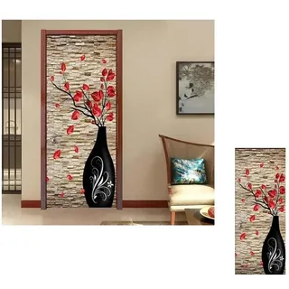 Autocollant De Porte Photo Effet 3d Trompe-l'≈ìil ‚Äì Dekorativer Blumenvasen-aufkleber In Rot Für Das Badezimmer, 77x200 Cm