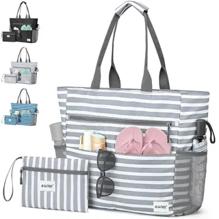 AUNGKWANG 2 Stück Strandtasche XXL Familie, Badetasche Damen, Große Wasserdichte Strandtasche Damen mit Kleine Badetasche, Beach Bag für Strand, Urlaub, Pool, Reisen Einkaufen und Alltag, Grau - L
