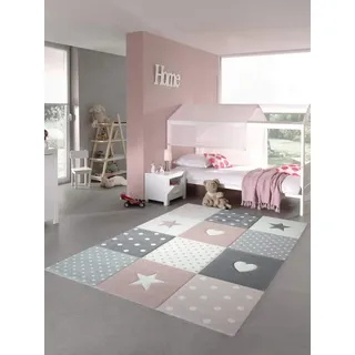 CARPETIA Kinderteppich Herz-Stern-Muster Rosa Creme Grau 120x170 cm | Weich, pflegeleicht, strapazierfähig und allergikergeeignet, handgeschnittene 3D-Optik, OEKO-TEX geprüft, schadstofffrei