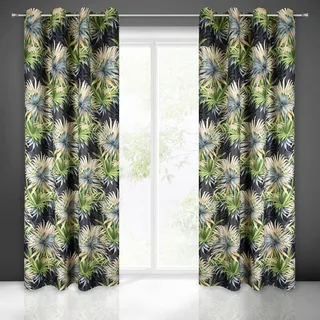 Eurofirany Ingrid Vorhang Blackout Blätter Dschungel Muster Trend Ösen Elegant Hochwertig Glamour Schlafzimmer Wohnzimmer, Grau + Grün, 140X250