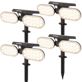 HOFTRONIC - Pato PIR - 4er LED Gartenstrahler Solar - mit Bewegungsmelder und Dämmerungsschalter - 3000K Warmweiß - IP65 Wasserdicht - 300 Lumen - Erdspießstrahler