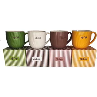 Rahm McCafé Tassen Set Österreich 2025 – 4er Set Keramik Kaffeetassen mit Originalkartons – Grün, Creme, Braun & Gelb – McDonald's McCafe Sammelbecher