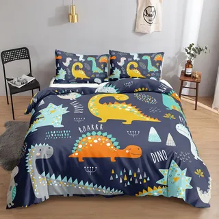 HOSIMA Niedliches Dinosaurier-Bettwäsche-Set für Erwachsene, Jungen und Mädchen, niedlicher Aquarell-Dinosaurier-Druck, Bettbezug mit 2 Kissenbezügen (Aquarell-Dinosaurier S)