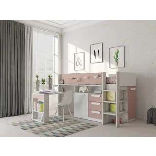 Hochbett mit Schreibtisch & Stauraum - 90 x 200 cm - Rosa, Naturfarben & Weiß - LOUKALA