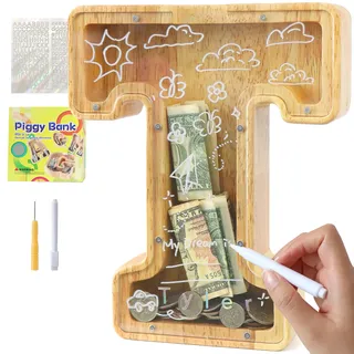 Lakpopya Spardose für Kinder Jungen Mädchen Sparschwein Kinder Spardose Personalisiert Durchsichtig Spardose Buchstabe Holz A-Z mit Zielbereich & Aufkleber & Marker, Taufe Geschenk Dekoration (T)