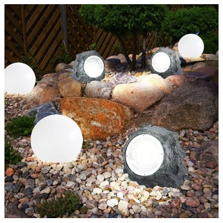 Globo LED Solarleuchte, LED-Leuchtmittel fest verbaut, Warmweiß, 5er Set LED Solar Garten Selbstaufladend Aussenleuchte Kugel Stein grau