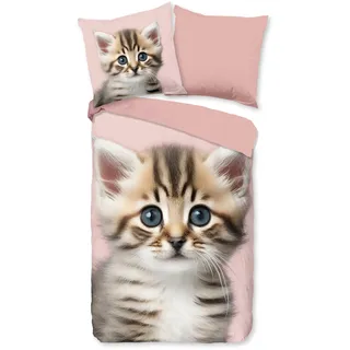 Kinderbettwäsche GOOD MORNING "Meow", rosa, B/L: 135cm x 200cm, 1 Stk., 1 Stk., Flanell, B/L: 80cm x 80cm, 2 Stk., Flanell, Obermaterial: 100% Baumwolle, Bettwäsche, Flanell, Biber, 135x200, Warm, Wendeoptik, Kind, Mädchen, Katze, Rosa