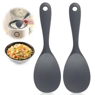 2 Stück Silikonlöffel Set, Antihaft Kochlöffel Kunststoff Reislöffel, Hitzebeständig Servierlöffel Silikon Kochlöffel für Reis, Reiskocher, Kartoffelpüree, Grau
