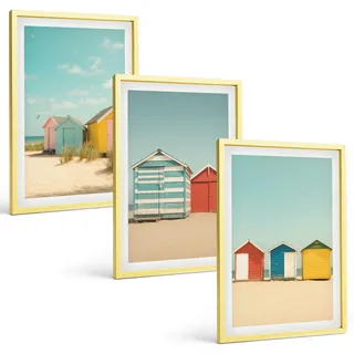BILDER SET 3er Set - 40x60 cm Goldrahmen - Bunte Häuser, Strand, Sonne