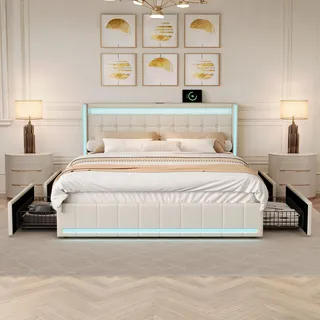 Polsterbett Doppelbett 140x200 cm, Stauraumbett mit 4 Schubladen, Bett 140x200 mit Bettkasten und Lattenrost, LED Kopfteil mit USB Ladestation, Jugendbett Funktionsbett Rückenlehne Bett, Leinen